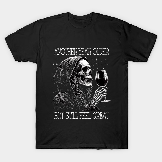 Birthday Womens Wine Drinking Skeleton T-Shirt by Kudostees
